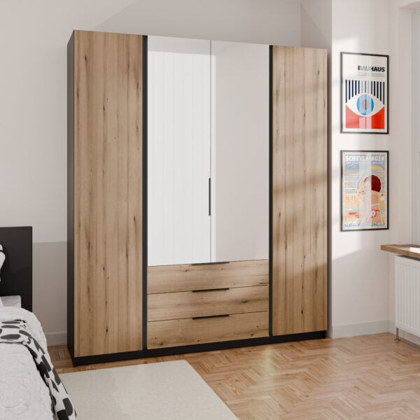 Skriňa so zrkadlom a zásuvkami KAYA 200cm 03 čierna / dub evoká - Image 4