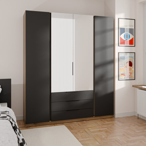 Šatníková skriňa so zrkadlom a zásuvkami KAYA 200cm 03 dub evoká / čierna - Image 4