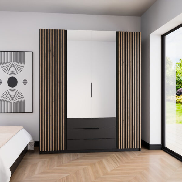 Šatníková skriňa so zrkadlom a zásuvkami KAYA 200cm 05 čierna / čierna / dub evoke - Image 4