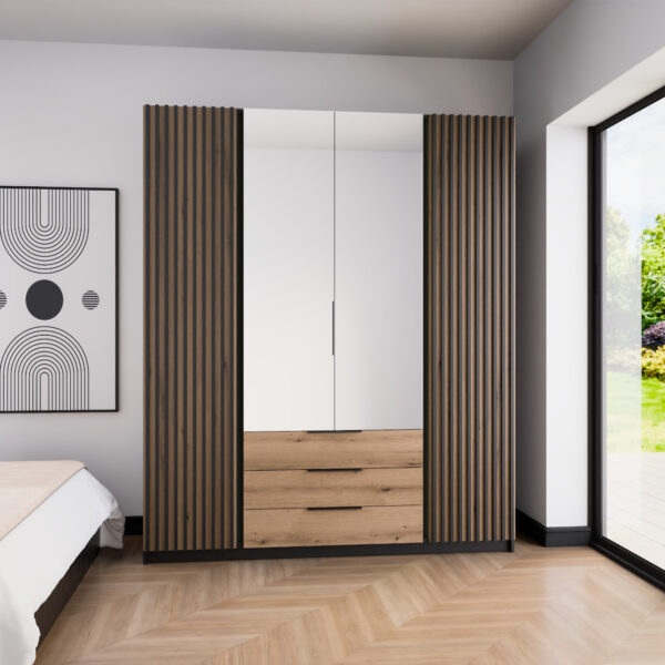 Skriňa so zrkadlom a zásuvkami KAYA 200cm 05 čierna / dub evoká / čierna - Image 4