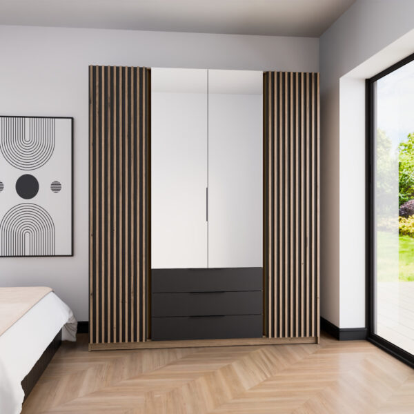 Šatníková skriňa so zrkadlom a zásuvkami KAYA 200cm 05 dub evoke / čierna/ dub evoke - Image 4