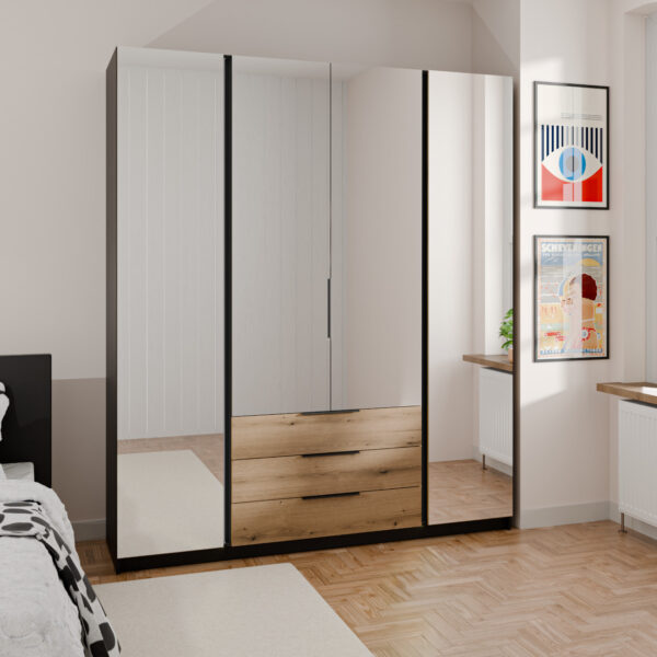 Šatníková skriňa so zrkadlom a zásuvkami KAYA 200cm 06 čierna / dub evoke - Image 4