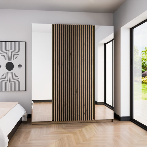 Skriňa 200cm so zrkadlom KAYA 14 dub evoke / čierna / dub evokácia - Image 4